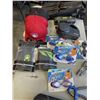 Image 2 : MILK CRATE OF ASSORTED SPORTING GOODS INCLUDING 6 BASEBALL HATS, FLIPPERS AND COLEMAN RECHARGABLE QU