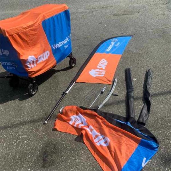 2 WALMART SKIP THE DISH SWOOPER FLAGS WITH GROUND HOLDER SPIKE AND STAND WITH TABLE COVER