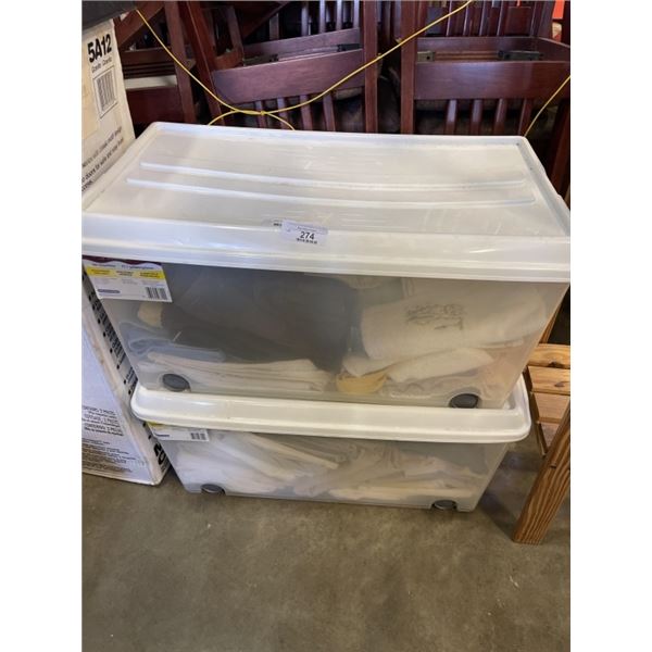 2 STORAGE TOTE OF TOWELS AND LINENS