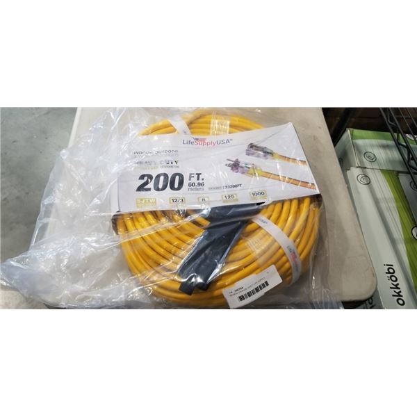 AS NEW ORANGE 200FT LIFE SUPPLY HEAVY DUTY INDOOR OUTDOOR 3 WIRE GROUNDED LIGHTED EXTENSION, 12AWG