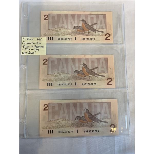 3 MINT 1986 CANADIAN $2 BILLS IN SEQUENCE 722-724 LAST ISSUE OF $2 BILLS