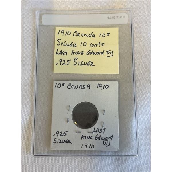 1910 CANADIAN SILVER 10 CENT .925 SILVER LAST KING EDWARD VII