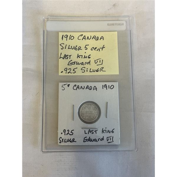 1910 CANADIAN SILVER 5 CENT KING EDWARD VII .925 SILVER