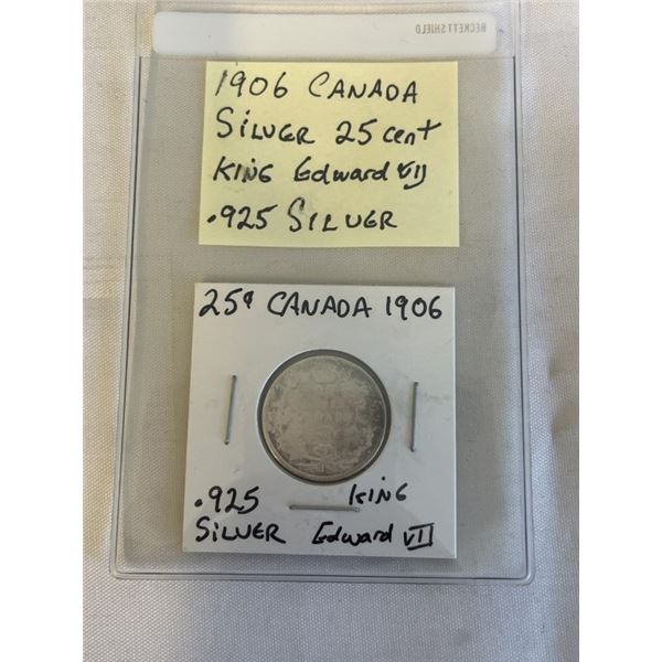 1906 CANADIAN SILVER 25 CENT KING EDWARD VII .925 SILVER