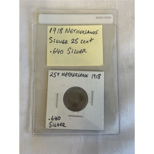 1918 NETHERLANDS SILVER 25 CENT WWI COIN .640 SILVER