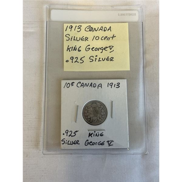 1913 CANADIAN SILVER 10 CENT .925 KING GEORGE V .925 SILVER