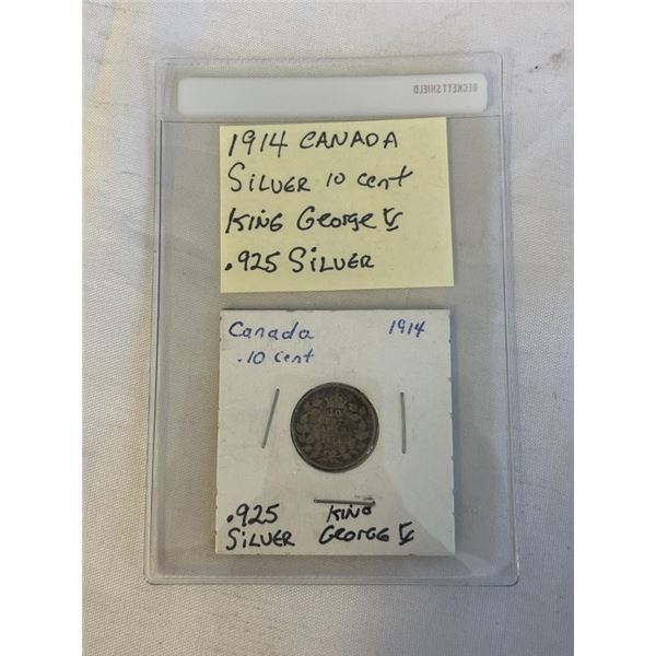 1914 CANADIAN SILVER 10 CENT KING GEORGE V .925 SILVER