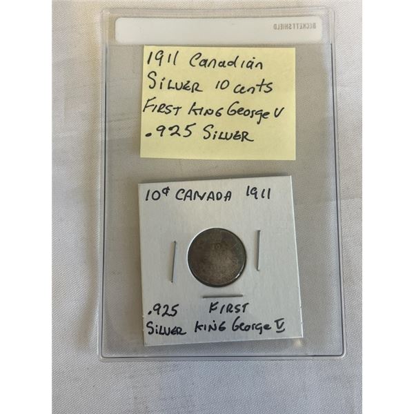 1911 CANADIAN SILVER 10 CENT FIRST KING GEORGE V .925 SILVER