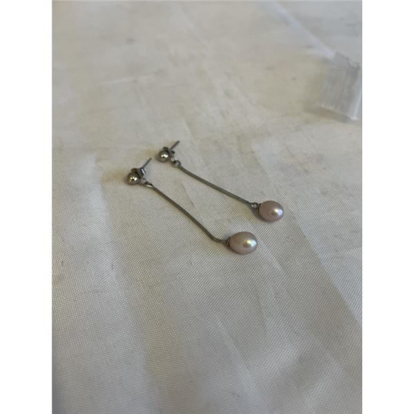 PAIR OF STERLING SILVER W/ GENUINE PEARLS DANGLE EARRINGS