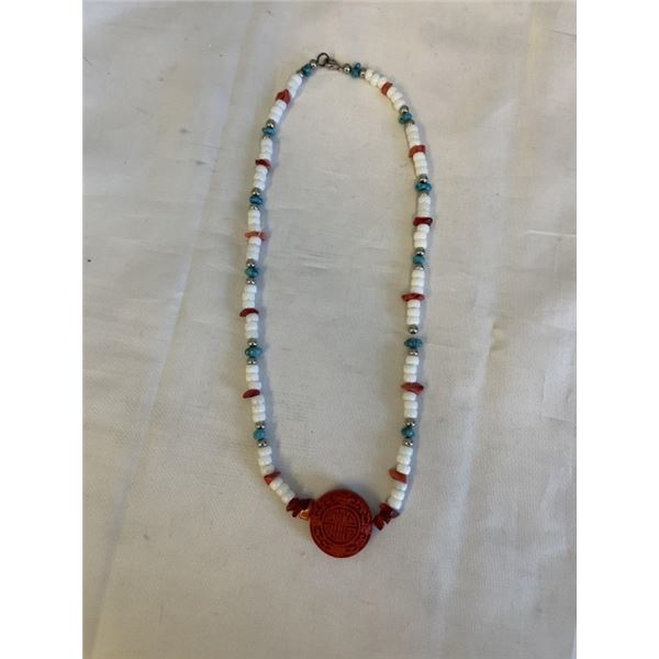 WHITE GLASS BEADS W/ NATURAL TURQUOISE AND RED CORAL STONES NECKLACE W/ CINNABAR PENDANT