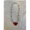 Image 1 : WHITE GLASS BEADS W/ NATURAL TURQUOISE AND RED CORAL STONES NECKLACE W/ CINNABAR PENDANT