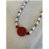 Image 2 : WHITE GLASS BEADS W/ NATURAL TURQUOISE AND RED CORAL STONES NECKLACE W/ CINNABAR PENDANT