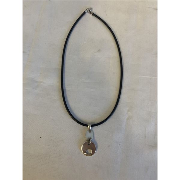 925 STERLING SILVER PENDANT W/ BLACK CORD NECKLACE, DESIGNER MARK, 925