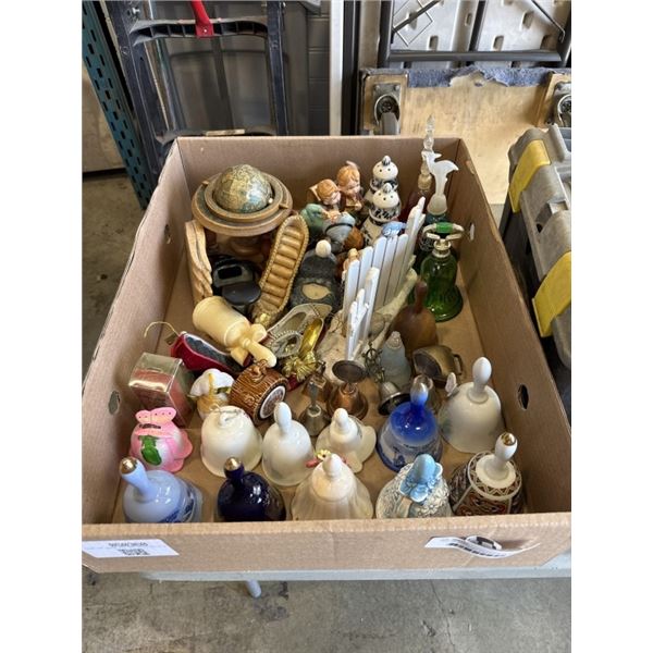TRAY OF ASSORTED COLLECTIBLES, BELLS, ETC