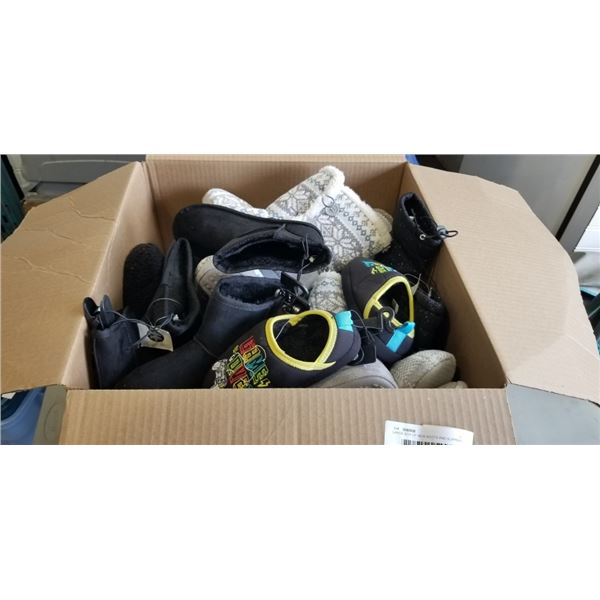 LARGE BOX OF NEW BOOTS AND SLIPPERS - KIDS AND LADIES