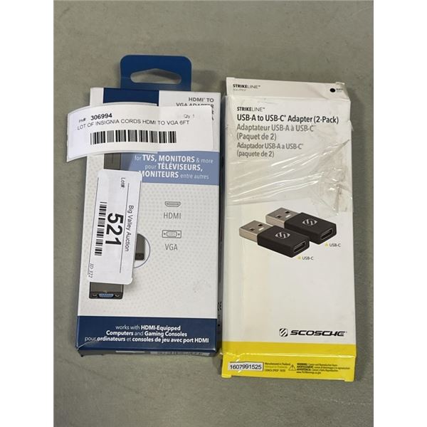 LOT OF INSIGNIA CORDS HDMI TO VGA 6FT HDMI CABLE AND USB-A TO USB-C ADAPTORS