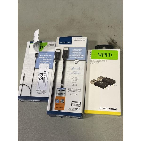 4K HDMI CABLE, AUDIO CABLE AND USB-A TO USB-C ADAPTERS