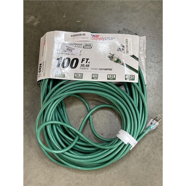 AS NEW 100FT LIFE SUPPLY HEAVY DUTY INDOOR OUTDOOR LIOGHTED 3 WIRE GROUNDED EXTENSION CORD, GREEN 14