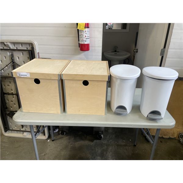 2 WOODEN STORAGE BOXES AND 2 PLASTIC GARBAGE BINS