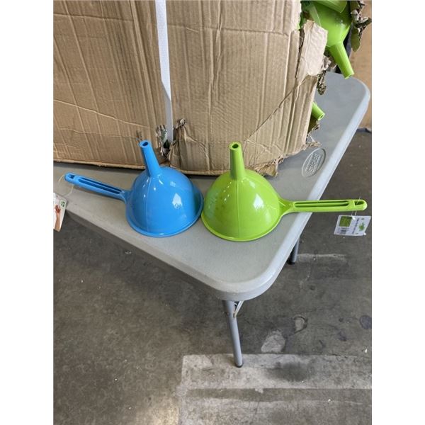 CASE OF 240 NEW PLASTIC FUNNELS, ASSORTED COLOR