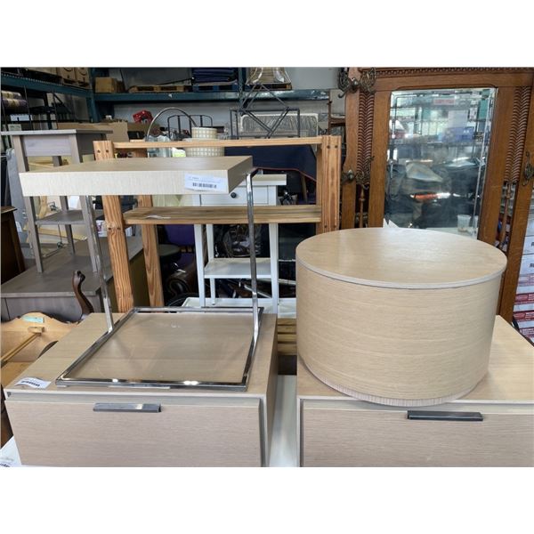 ROUND WOOD STORAGE SIDE TABLE AND MATCHING SQUARE TABLE
