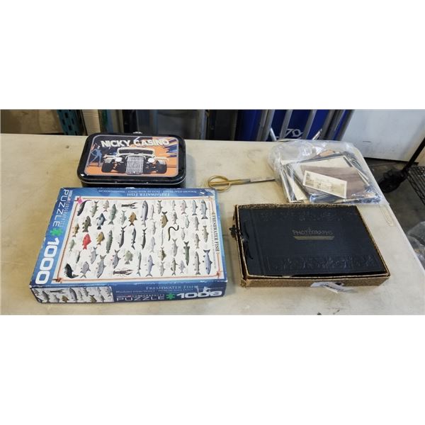 OLD PHOTOGRAPH ALBUM, NICKY CASINO LUNCH BOX AND FRESHWATER FISH PUZZLE