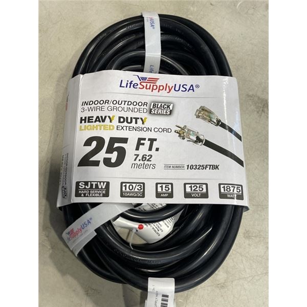 AS NEW BLACK 25FT LIFE SUPPLY HEAVY DUTY INDOOR OUTDOOR 3 WIRE GROUNDED LIGHTED EXTENSION, 10AWG