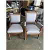 Image 1 : PAIR OF CARVED WOOD AND BLUE FABRIC CHAIRS W/ WHEELS
