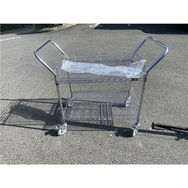 CHROME 2 TIER CART WITH REMOVABLE SIDE BARRIERS AND LOCKING SWIVEL WHEELS