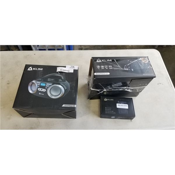 2 KLIM BOOM BOXES AND PORTABLE CASSETTE PLAYER