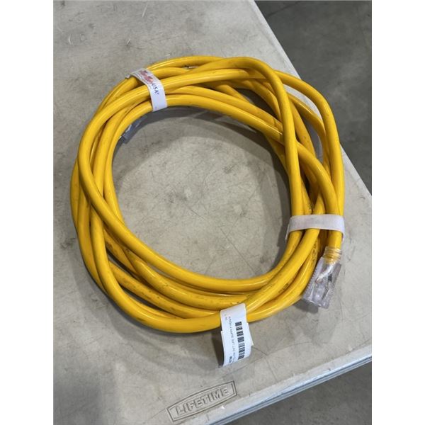 AS NEW YELLOW 25FT LIFE SUPPLY HEAVY DUTY INDOOR OUTDOOR 3 WIRE GROUNDED LIGHTED EXTENSION, 10AWG