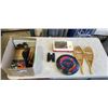 Image 1 : TRAY OF TOYS INCLUDING RGB FRISBEE, DECORATIVE VINTAGE SNOWSHOES, VINTAGE TOY CARS