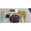 Image 2 : TRAY OF TOYS INCLUDING RGB FRISBEE, DECORATIVE VINTAGE SNOWSHOES, VINTAGE TOY CARS