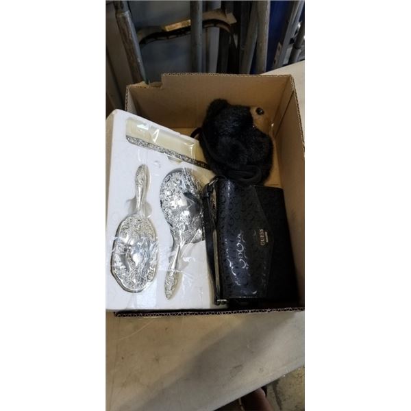 2 PURSE INCLUDING ONE FROM GUESS, AND A SILVER TONE HAIR BRUSH, COMB AND MIRROR