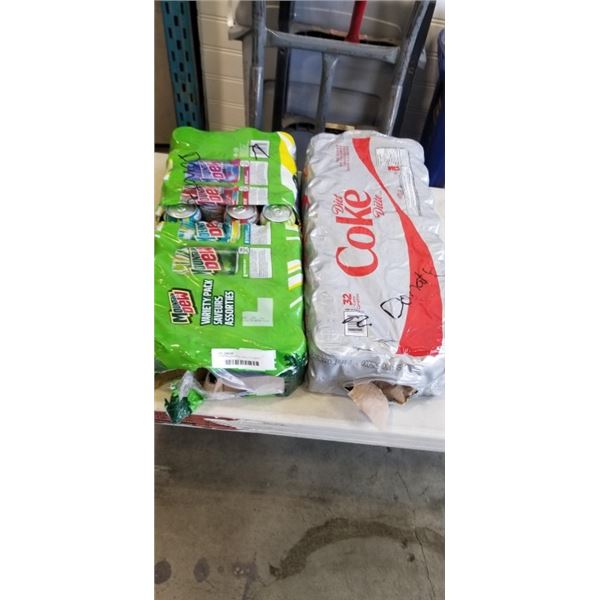 2 PARTIAL CASES OF SODA. 1 IS VARIETY MOUNTAIN DEW CASE, 1 IS DIET COKE CASE