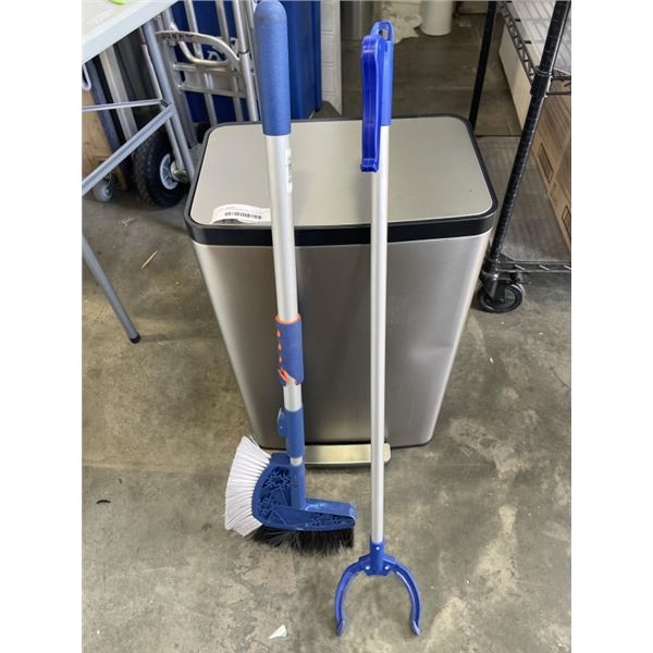 STAINLESS GARBAGE CAN, CAR SCRUB BRUYSH AND GARBAGE CLAW