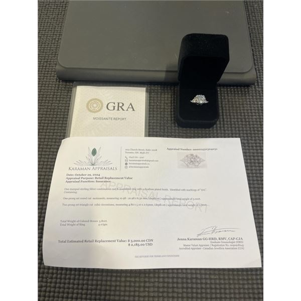 5.00 CT GRA CERTIFIED ROUND BRILLIANT CUT MOISSANITE STONE VVS D COLOR SET WITH 2 TRIANGULAR CUT CUB