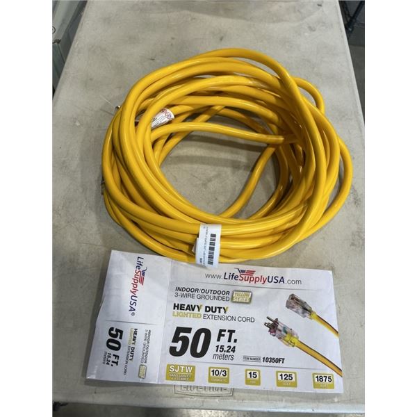 AS NEW YELLOW 50FT LIFE SUPPLY HEAVY DUTY INDOOR OUTDOOR 3 WIRE GROUNDED LIGHTED EXTENSION, 10AWG