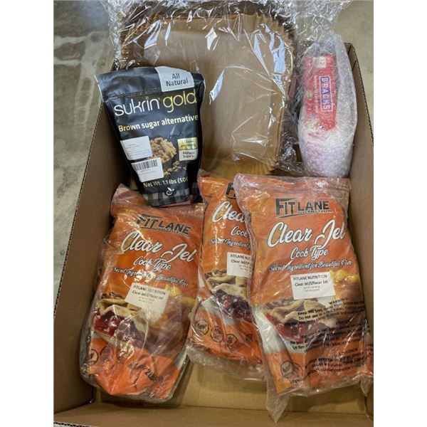 ASSORTED AMAZON OVERSTOCK CLEAR JEL COOK TYPE, BROWN SUGAR REPLACEMENT, AIR FRYER 8 INCH PAPER TRAYS