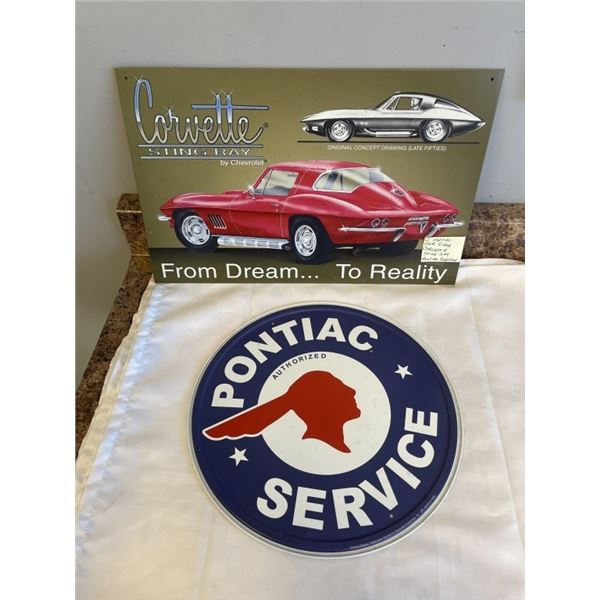 2 METAL CAR SIGNS CORVETTE STING RAY AND PONTIAC SERVIVE