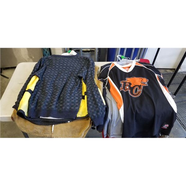 2 BUNDLES OF MENS JERSEYS, WAYNE GRETZY BRAND COAT, VESTS, ETC
