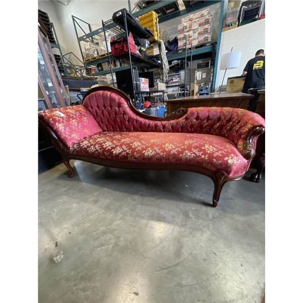 VINTAGE CHAISE SOFA W/ SATIN FLORAL FABRIC, CARVED WOOD