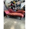 Image 1 : VINTAGE CHAISE SOFA W/ SATIN FLORAL FABRIC, CARVED WOOD
