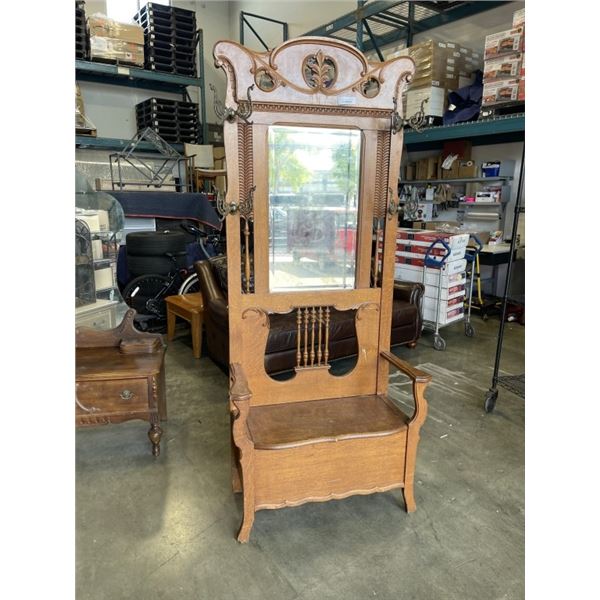 ANTIQUE OAK HALLSTAND WITH ORIGINAL SCULPTED BRASS HARDWARE