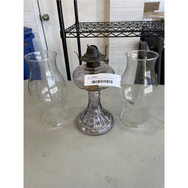 ANTIQUE GLASS OIL LANTERN. TURNING AMETHYST