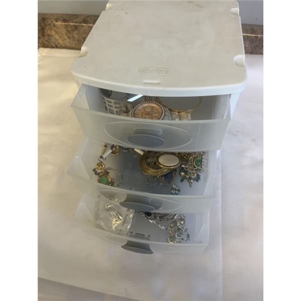 PLASTIC ORGANIZER W/ ESTATE JEWELRY AND WATCHES