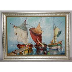 Framed Oil on Canvas of Boats
