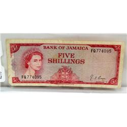 1960 Issued 5 Shilling Note Bank Of Jamaica