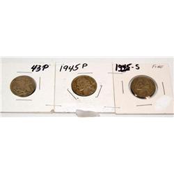 3 Silver War Nickels 1943, 2 ea. 1945