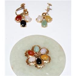 Multicolor Jade Flower Design Big Pendant & Earring